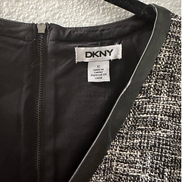 DKNY Women's Black Gray Tweed faux Leather Trim Mini Dress Size 12 - Picture 6 of 7